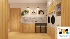 Funkcjonalna pralnia drewno & tapeta