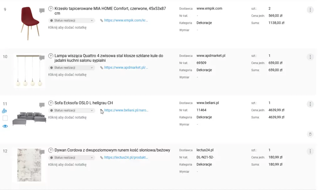 Aranżacja wnętrz lista zakupowa.