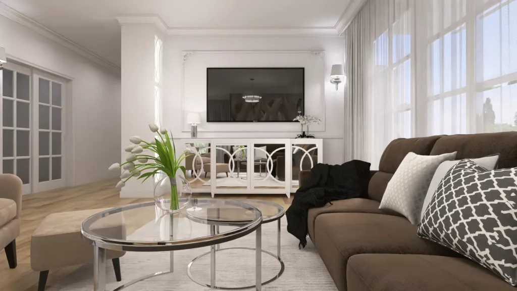 Aranżacja_wnetrz_Salon_Nowoczesny_w_bieli_i_srebrne_dodatki Aranżacja Wnętrza - Nowoczesny Salon ze srebrnymi dodatkami i brązową kanapą