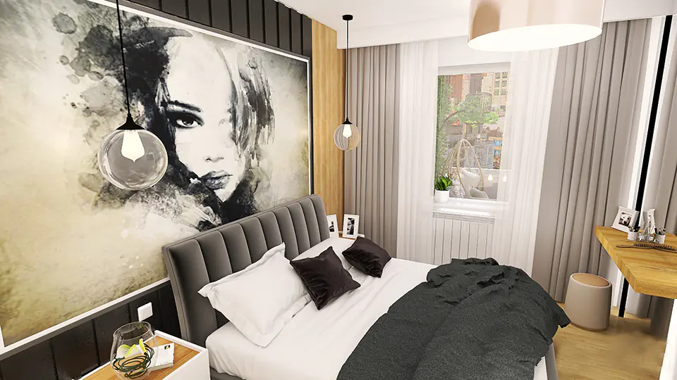 Aranzacja_wnetrz_sypialnia_z_obrazem_na_scianie_i_malym_oknemwebp Aranżacja Wnętrza Mała Sypilania z Obrazem na ścianie i małym oknem.