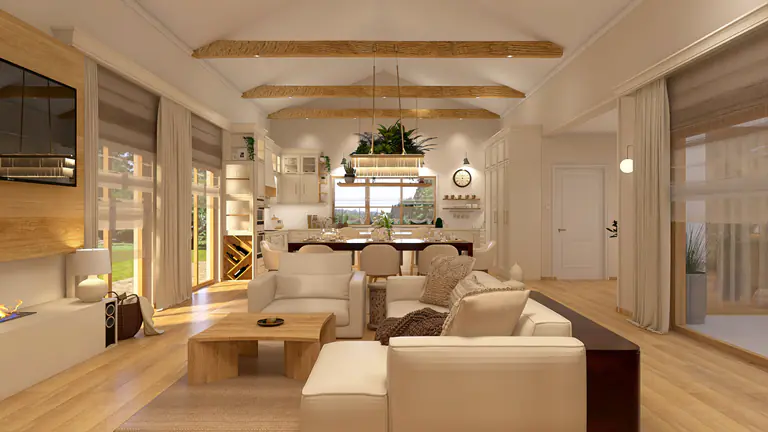 aranzacja_wnetrz_duzy_salon_i_duza_kuchnia_w_drewnie Aranżacja wnętrza duży salon i duża kuchnia w drewnie